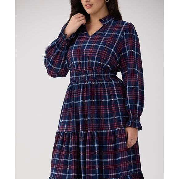 Womens Navy Plaid Cottage Preppy Prairie Classic Tiered Ruffle Midi Dress 1X - Picture 4 of 6